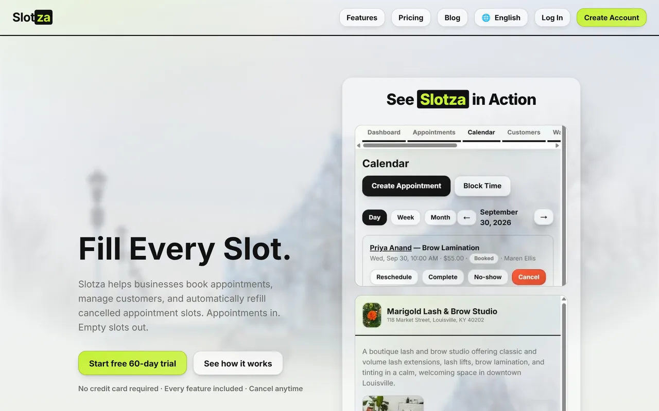 The Slotza homepage, with its Fill Every Slot headline and a preview of the booking dashboard